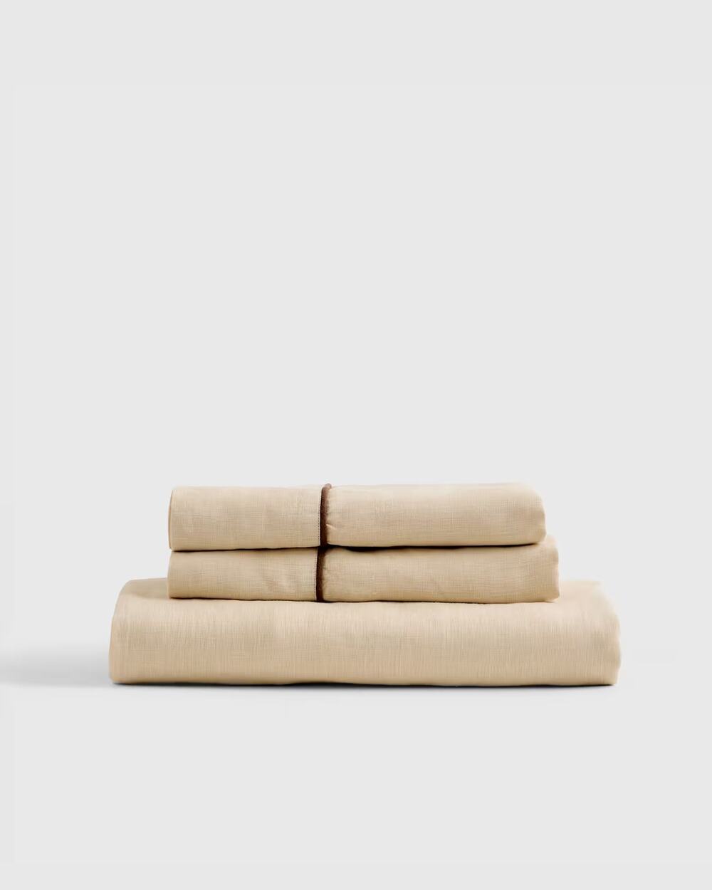 Quince European Linen Piped Fitted Sheet Set King Oat/Espresso NWOT